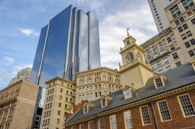 Mix of modern and ancient architecture in central Boston, USA