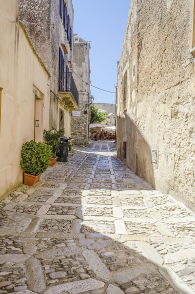 Stone paved ancient street in Erice, Sicily, Italy