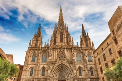 Scenic facade of the Barcelona Cathedral, Catalonia, Spain