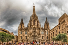 Panoramic view with facade of the Barcelona Cathedral, Catalonia, Spain