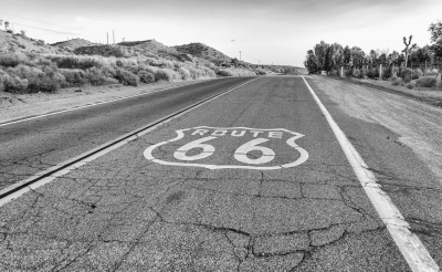 Historic Route 66 with pavement sign in California, USA