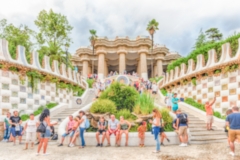 Defocused background with entrance of Park Guell, Barcelona, Catalonia, Spain