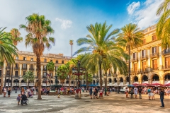 View of the scenic Placa Reial in Barcelona, Catalonia, Spain