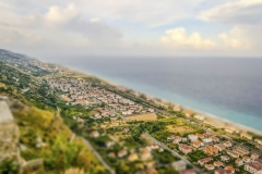 Aerial view of coastline in Calabria, Italy. Tilt-shift effect applied