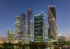 Scenic night view of Moscow City International Business Center, Russia
