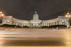 Facade of Kazan Cathedral at night in St. Petersburg, Russia