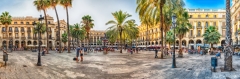 Panoramic view of Placa Reial in Barcelona, Catalonia, Spain