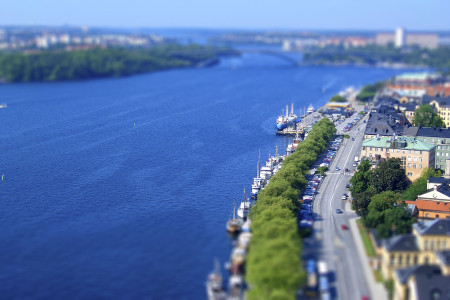 Panoramic view of Stockholm from City Hall Tower, Sweden. Tilt-shift effect applied