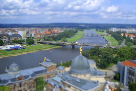 Panoramic view of Dresden and Elbe River, Germany. Tilt-shift effect applied
