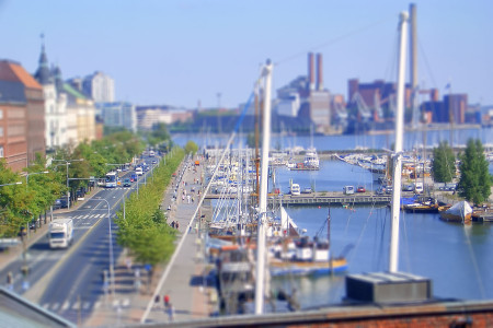 Aerial view of Helsinki from Uspenski Orthodox Cathedral, Finland. Tilt-shift effect applied