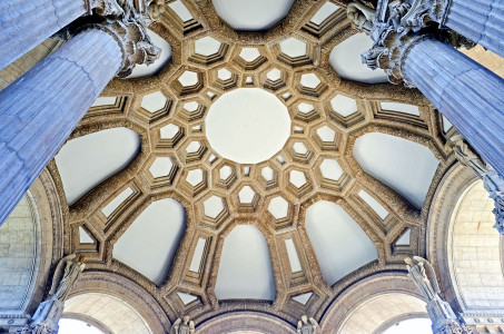 Ceiling of a classical temple with columns at the Palace of Fine Arts in San Francisco, USA