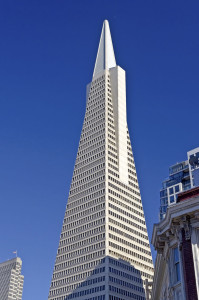 Transamerica Pyramid, the most famous skyscraper and landmark in San Francisco, California, USA