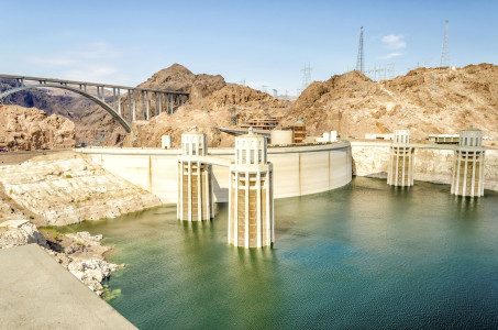 Hoover Dam and Colorado River at the border between Nevada and Arizona, USA