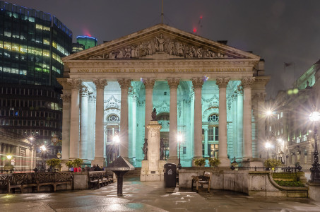 The Royal Exchange Building in the financial district of London, UK