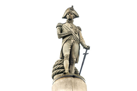Nelson statue atop column at Trafalgar Square, iconic landmark in London, UK