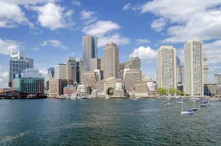 A scenic view of the Boston skyline from the bay, USA