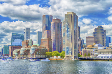 A scenic view of the Boston skyline from the bay, USA