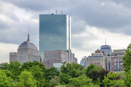 The John Hancock Tower and the Boston skyline seen from the Boston Public Garden, USA