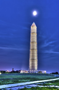 The iconic Washington Monument at night, one of the mail landmarks in Washington DC, USA