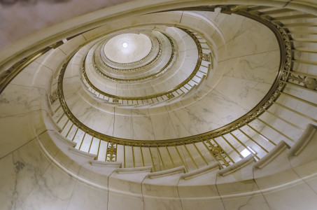 Self-supporting spiral staircase in Alabama marble, inside the Supreme Court, Washington DC, USA