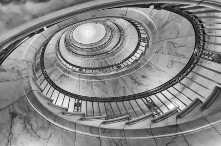 Self-supporting spiral staircase in Alabama marble, inside the Supreme Court, Washington DC, USA
