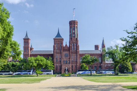 The iconic Smithsonian Castle along the National Mall in Washington DC, USA