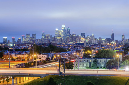 Philadelphia skyline at night as seen from the Stadium District, USA