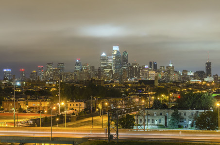 Philadelphia skyline at night as seen from the Stadium District, Pennsylvania, USA