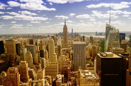 Aerial panoramic view of the New York City skyline from Midtown Manhattan, USA