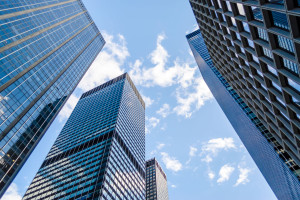Bottom view of skyscrapers in Manhattan, New York, USA