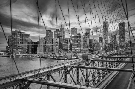 View of modern skyscrapers in lower Manhattan from Brooklyn Bridge, New York, USA