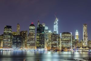 Manhattan skyline at night, New York City, USA