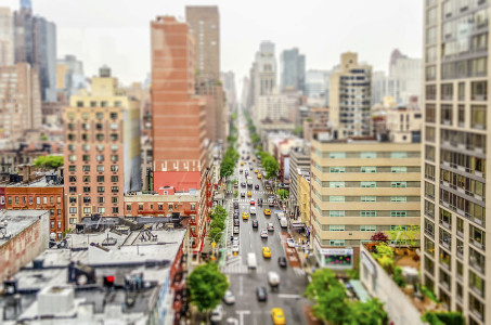 Aerial view of 1nd Avenue in Midtown Manhattan, New York City, USA. Tilt-shift effect applied