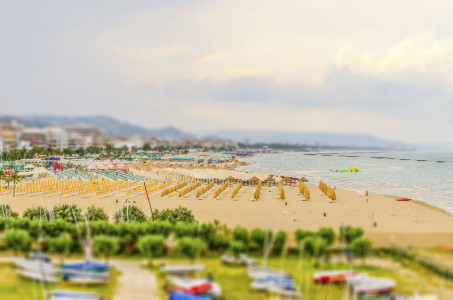 Aerial view of the waterfront of Pescara on the Adriatic Sea, Italy. Tilt-shift effect applied