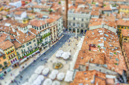 View over Piazza delle Erbe (Market's square), Verona, Italy. Tilt-shift effect applied