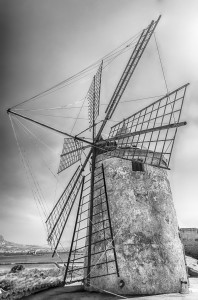 Old windmill for salt production in Motya near Trapani, Sicily, Italy