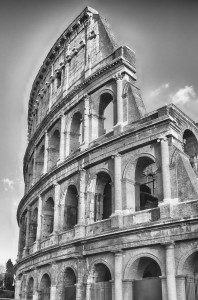 View over the iconic Flavian Amphitheatre, aka Colosseum in Rome, Italy