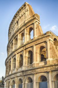 View over the iconic Flavian Amphitheatre, aka Colosseum in Rome, Italy