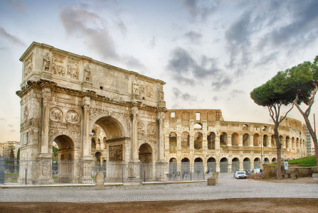 Arch of Constantine and The Colosseum at the Roman Forum in Rome, Italy