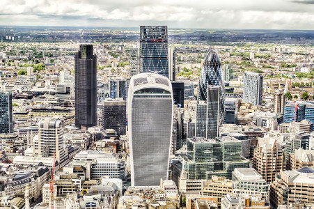 Aerial view of London City skyline, modern skyscrapers in London financial district, UK