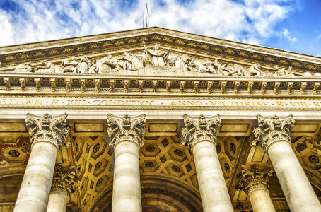 The Royal Exchange Building in the financial district of London, UK