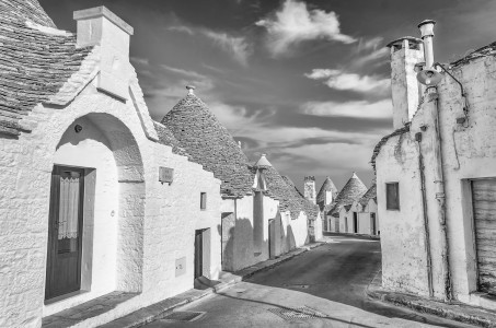 Typical trulli buildings with conical roofs in Alberobello, Apulia, Italy