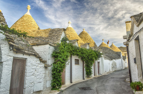 Typical trulli buildings with conical roofs in Alberobello, Apulia, Italy