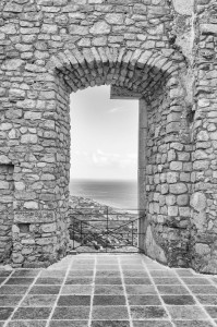 Ancient window from the ruins of an old castle with beautiful view over the sea