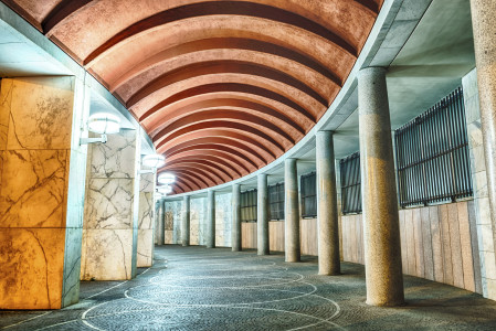 Scenic neoclassical architecture in the EUR district at night. Rome, Italy