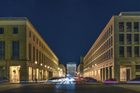 Scenic neoclassical architecture in the EUR district at night. Rome, Italy