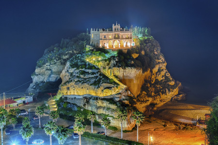 Scenic view of Santa Maria dell'Isola Church at night in Tropea, Italy