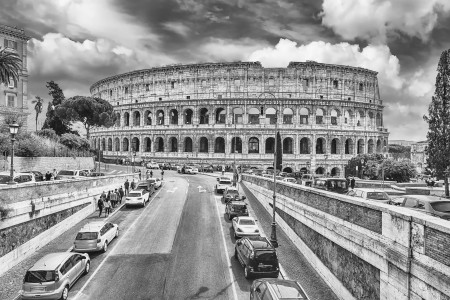 Aerial view over the Flavian Amphitheatre, aka Colosseum in Rome, Italy
