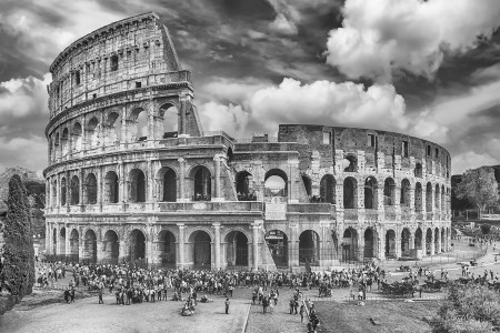 View over the iconic Flavian Amphitheatre, aka Colosseum in Rome, Italy