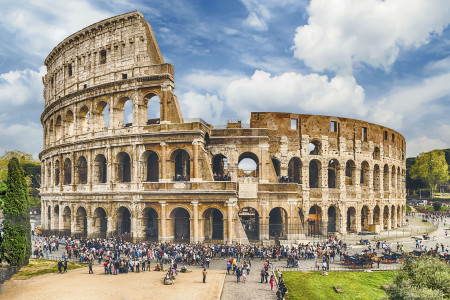 View over the iconic Flavian Amphitheatre, aka Colosseum in Rome, Italy